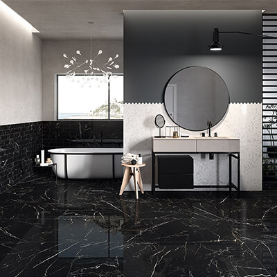 ריצוף שחור לחדר אמבטיה במראה משויש מבריק – Fioranese - Marmorea Port Laurent 75x150